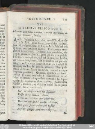XXI. C. Plinius Prisco Suo S. Mortem Martialis nuntiat, eiusque ingenium, ab ipso laudatus, laudat.