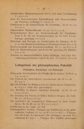 30-39, Lehrgebiete der philosophischen Fakultät