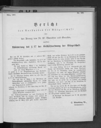 Nr. 19. Bericht des Vorstandes der Bürgerschaft über den Antrag von M. W. Hinrichsen und Genossen betreffend Abänderung des § 27 der Geschäftsordnung der Bürgerschaft.