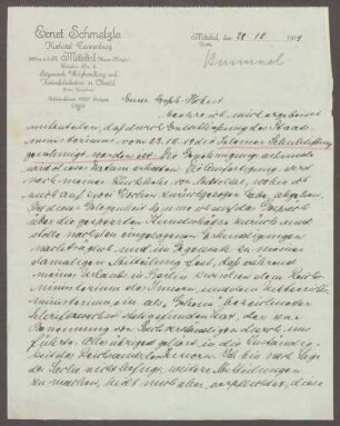 Schreiben von Hermann Hummel an Prinz Max von Baden; Ausfuhrverbot national wertvoller Kunst, Anerkennung der Salemer Schulstiftung