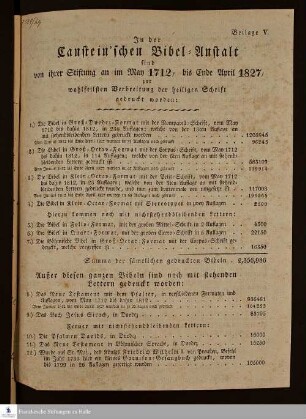 In der Canstein'schen Bibel-Anstalt sind von ihrer Stiftung an im May 1712, bis Ende April 1827, zur wohlfeilsten Verbreitung der heiligen Schrift gedruckt worden ... : [Druckverzeichnis der Cansteinschen Bibelanstalt]