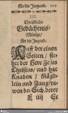 III. Christliche Gedächtnis-Münze, für die Jugend