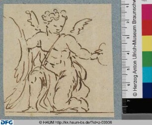 Einen Schild haltender kniender Putto nach rechts gewendet