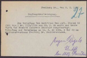 Empfangsbescheinigung des Eugen Digele über die Vorladung zum Gericht