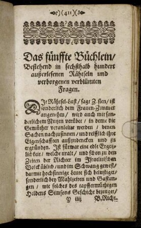 Das fünffte Büchlein, Bestehend in sechsthalb hundert außerlesenen Rähtseln und verborgenen verblümten Fragen