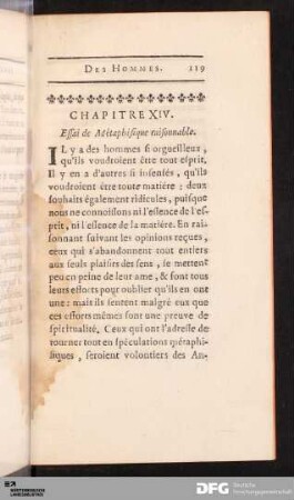 Chapitre XIV. Essai de Métaphisique raisonnable.