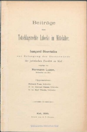 Beiträge zum Totschlagsrechte Lübecks im Mittelalter