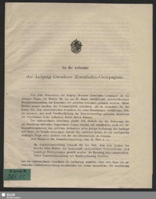 An die Actionäre der Leipzig-Dresdner Eisenbahn-Compagnie : [Leipzig, den 23. Aug. 1875]