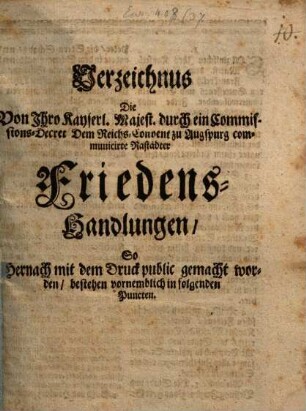 Verzeichniß [der] Rastädter Friedenshandlungen