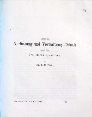 Ueber die Verfassung und Verwaltung China's unter den drei ersten Dynastieen