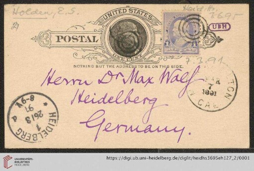 Brief von Edward Singleton Holden an Max Wolf: Karte von Edward Singleton Holden an Max Wolf