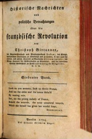 Historische Nachrichten und politische Betrachtungen über die französische Revolution, Siebenter Band