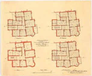 Wohnhaus Klomp, Hannover-Waldhausen: Grundrisse des Erd-, 1. und 2. Ober- und des Kellergeschosses 1:100 (1. Entwurf)