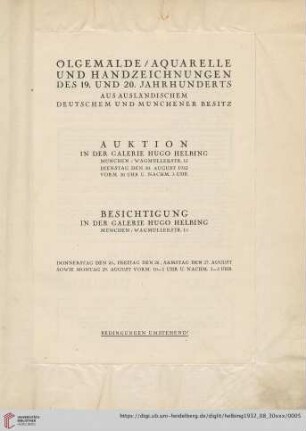 Ölgemälde, Aquarelle und Handzeichnungen des 19. und 20. Jahrhunderts aus ausländischem, deutschem und Münchener Besitz : Auktion ... 30. August 1932 ...