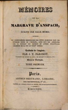 Mémoires de la Margrave d'Anspach. 1