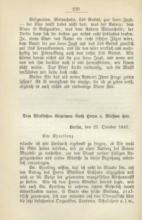 Dem Wirklichen Geheimen Rath Herrn v. Massow hier. Berlin, den 23. October 1842