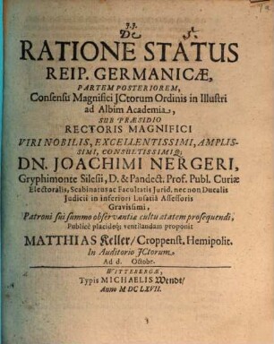 De Ratione Status Reip. Germanicae, 2. ... Partem Posteriorem