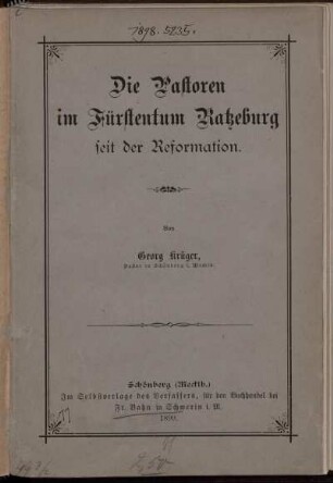 Die Pastoren im Fürstentum Ratzeburg seit der Reformation