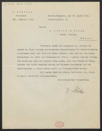 Brief an B. Schott's Söhne : 29.04.1926