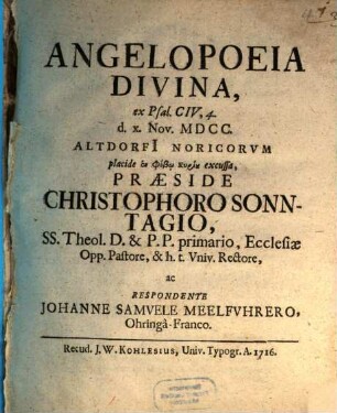 Angelopoeia divina, ex Psal. CIV, 4