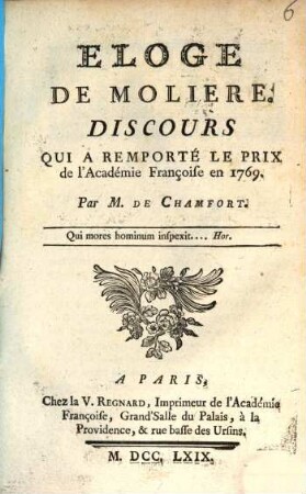 Éloge de Molière : Discours qui a remporté le prix de l'Académie Française en 1769