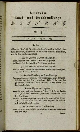 Leipziger Kunst- und Buchhandlungs-Zeitung. No. 3. Den 5ten August 1789.