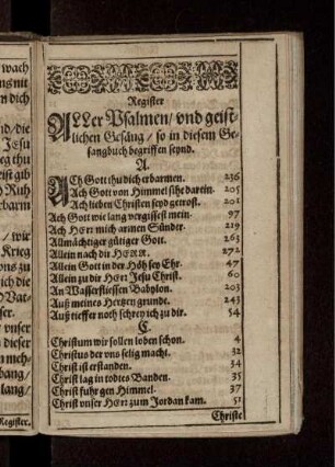 Register Aller Psalmen/ und geistlichen Gesäng/ so in diesem Gesangbuch begriffen seynd