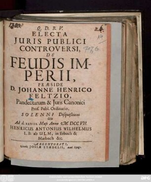 Electa Juris Publici Controversi, De Feudis Imperii