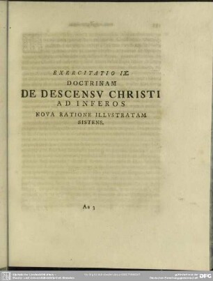 Exercitatio IX. Doctrinam De Descensu Christi Ad Inferos Nova Ratione Illustratam Sistens