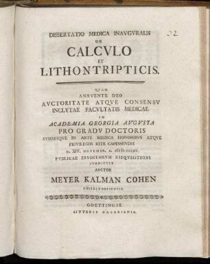 Dissertatio Medica Inavgvralis De Calcvlo Et Lithontripticis