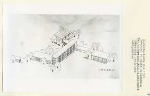 Entwurf Oberschule (Diplomarbeit bei Karl Wilhelm Ochs): Perspektivische Ansicht (Vogelschau)