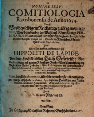 Comitiologia Ratisbonensis : de anno 1654