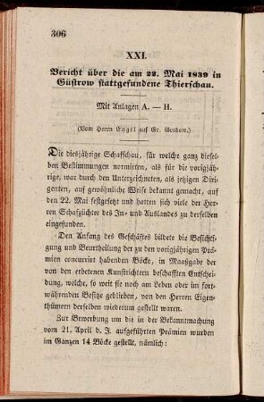 XXI. Bericht über die am 22. Mai 1839 in Güstrow stattgefundene Thierschau