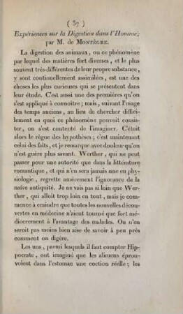 Expériences sur la Digestion dans l'Homme; par M. de Montègre