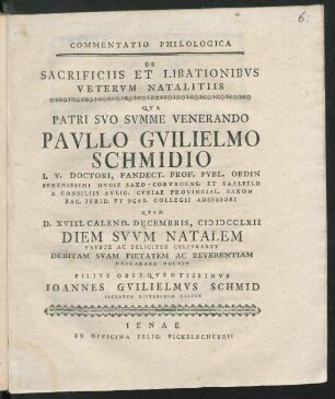 Commentatio Philologica De Sacrificiis Et Libationibvs Vetervm Natalitiis