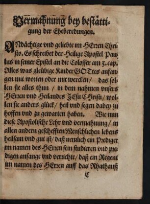 Vermahnung bey bestättigung der Eheberedungen