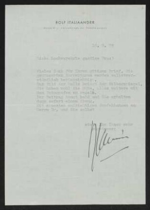 Brief von Rolf Italiaander an Margarete Hauptmann