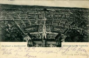 Postkartenalbum August Schweinfurth mit Karlsruher Motiven. "Die Haupt- u. Residenzstadt - Karlsruhe aus der Vogelschau"