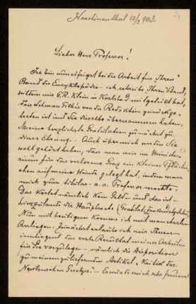 Nr. 24 Brief von Samuel Oppenheim an Karl Schwarzschild. Karolinenthal, 12.2.1903