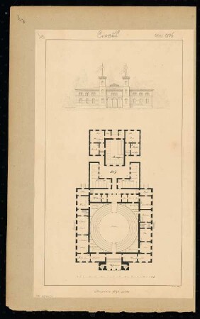 Zirkus Monatskonkurrenz Mai 1836: Grundriss Erdgeschoss, Aufriss Vorderansicht; Maßstabsleiste