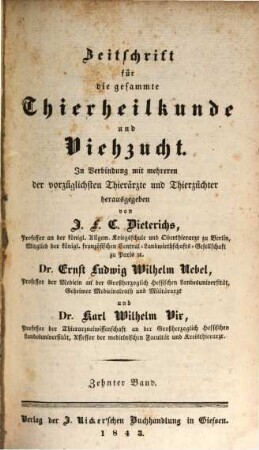 Zeitschrift für die gesammte Thierheilkunde und Viehzucht. 10. 1843