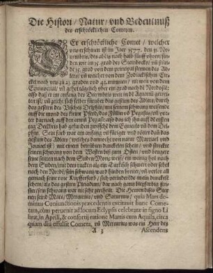 Die Histori/ Natur/ vnd Bedeutnuß des erschröcklichen Cometen
