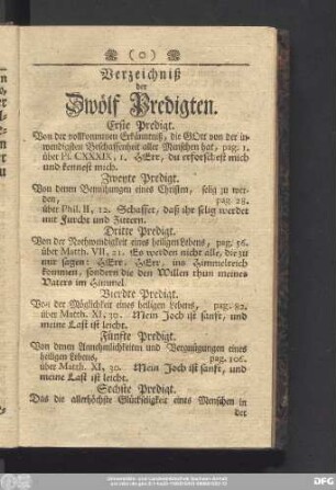 Verzeichniß der Zwölf Predigten.