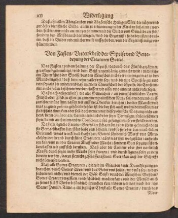 Von Fasten/ Unterscheid der Speise und Benedeyung der Creaturen Gottes.