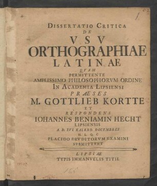 Dissertatio Critica De Vsv Orthographiae Latinae