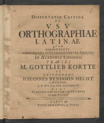Dissertatio Critica De Vsv Orthographiae Latinae