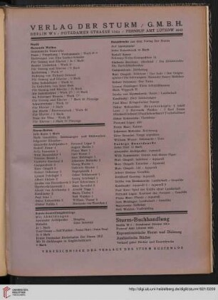 Verlag Der Sturm / Musik / Sturm-Karten / Sturm-Ausstellungskataloge / Kunstdrucke / Sturm-Buchhandlung