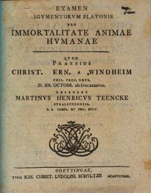 Examen argumentorum Platonis pro immortalitate animae humanae