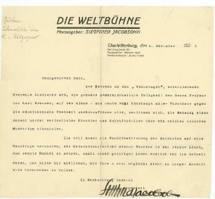 Korrespondenz von Siegfried Jacobsohn an Hans von Wolzogen