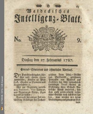 No. 9. Dinstag den 27. Februarius 1787